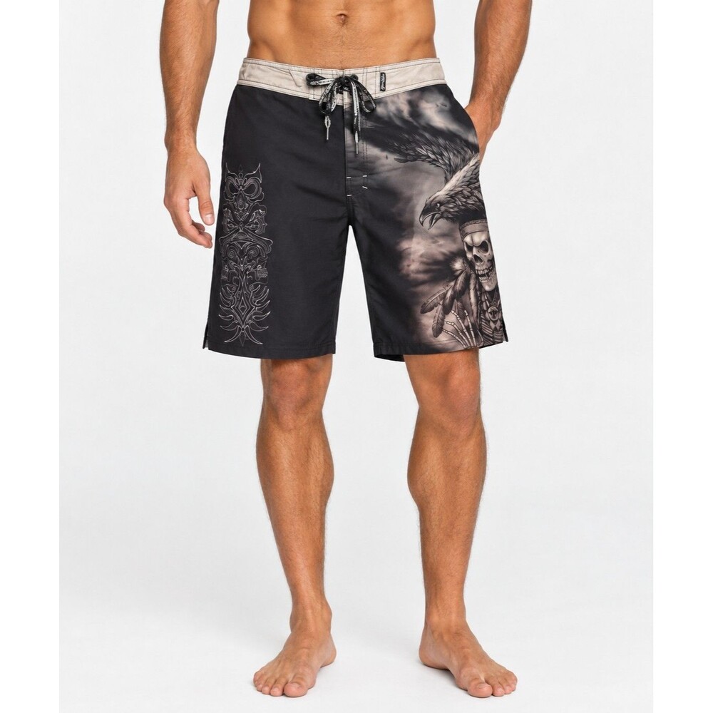 Affliction Board Shorts Men’s 40x11 Black Skull Eagle Graphic Swim Surf Trunks